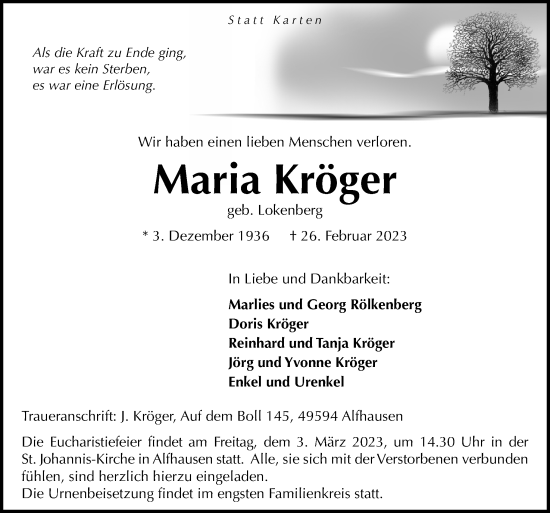 Traueranzeige von Maria Kröger von Neue Osnabrücker Zeitung GmbH & Co. KG