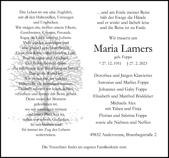 Traueranzeige von Maria Lamers von Neue Osnabrücker Zeitung GmbH & Co. KG