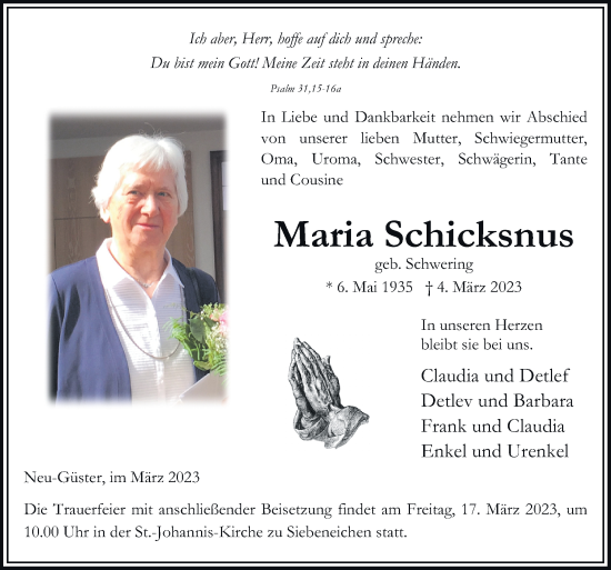 Traueranzeige von Maria Schicksnus von Neue Osnabrücker Zeitung GmbH & Co. KG