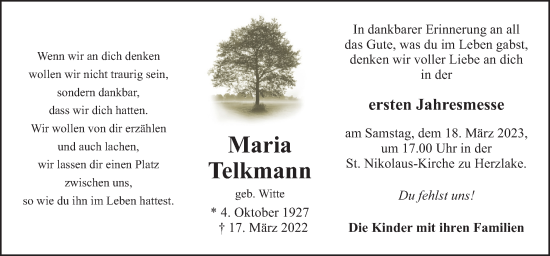 Traueranzeige von Maria Telkmann von Neue Osnabrücker Zeitung GmbH & Co. KG