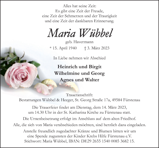 Traueranzeige von Maria Wübbel von Neue Osnabrücker Zeitung GmbH & Co. KG