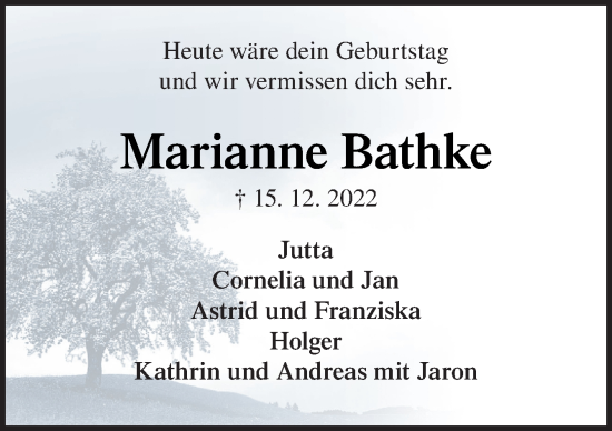 Traueranzeige von Marianne Bathke von Neue Osnabrücker Zeitung GmbH & Co. KG