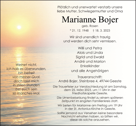 Traueranzeige von Marianne Bojer von Neue Osnabrücker Zeitung GmbH & Co. KG