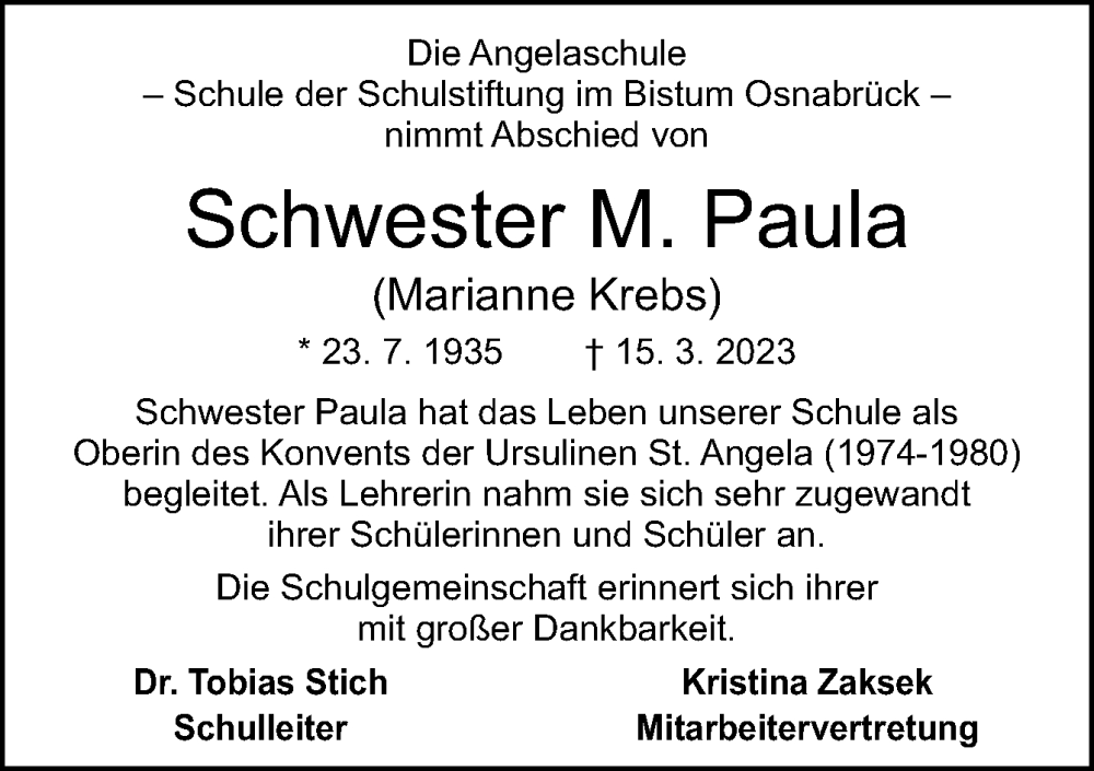  Traueranzeige für Marianne Krebs vom 23.03.2023 aus Neue Osnabrücker Zeitung GmbH & Co. KG