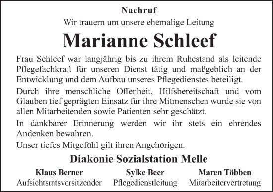 Traueranzeige von Marianne Schleef von Neue Osnabrücker Zeitung GmbH & Co. KG