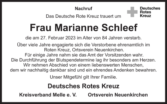 Traueranzeige von Marianne Schleef von Neue Osnabrücker Zeitung GmbH & Co. KG