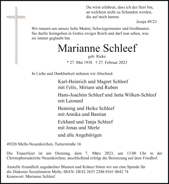 Traueranzeige von Marianne Schleef von Neue Osnabrücker Zeitung GmbH & Co. KG