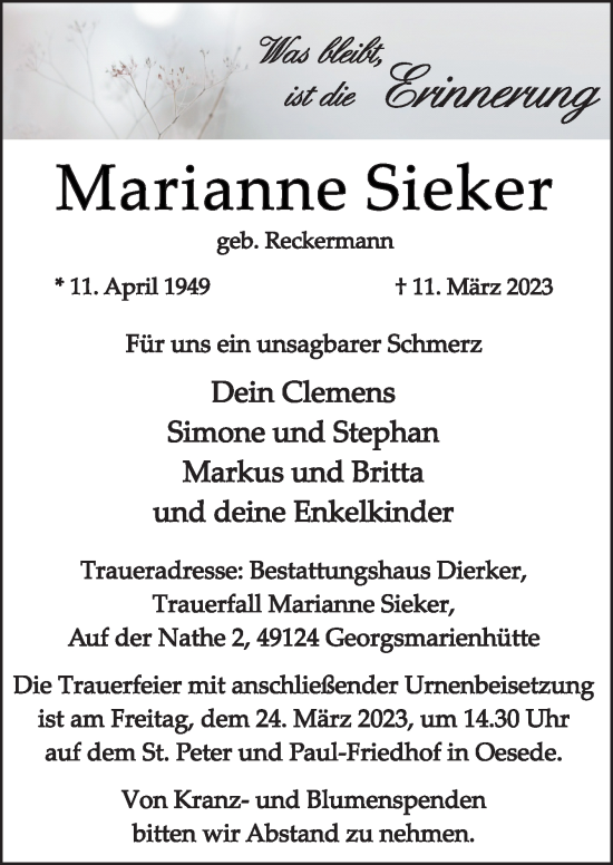 Traueranzeige von Marianne Sieker von Neue Osnabrücker Zeitung GmbH & Co. KG