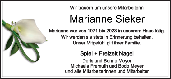 Traueranzeige von Marianne Sieker von Neue Osnabrücker Zeitung GmbH & Co. KG