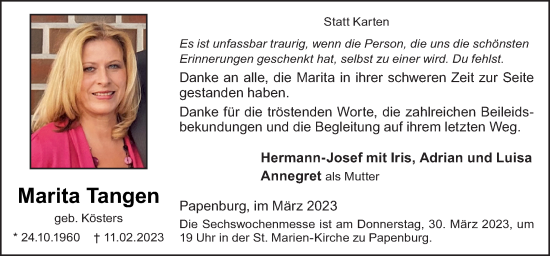 Traueranzeige von Marita Tangen von Neue Osnabrücker Zeitung GmbH & Co. KG