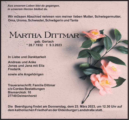 Traueranzeige von Martha Dittmar von DK Medien GmbH & Co. KG