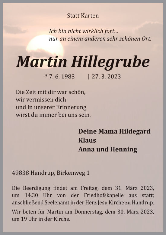 Traueranzeige von Martin Hillegrube von Neue Osnabrücker Zeitung GmbH &amp; Co. KG
