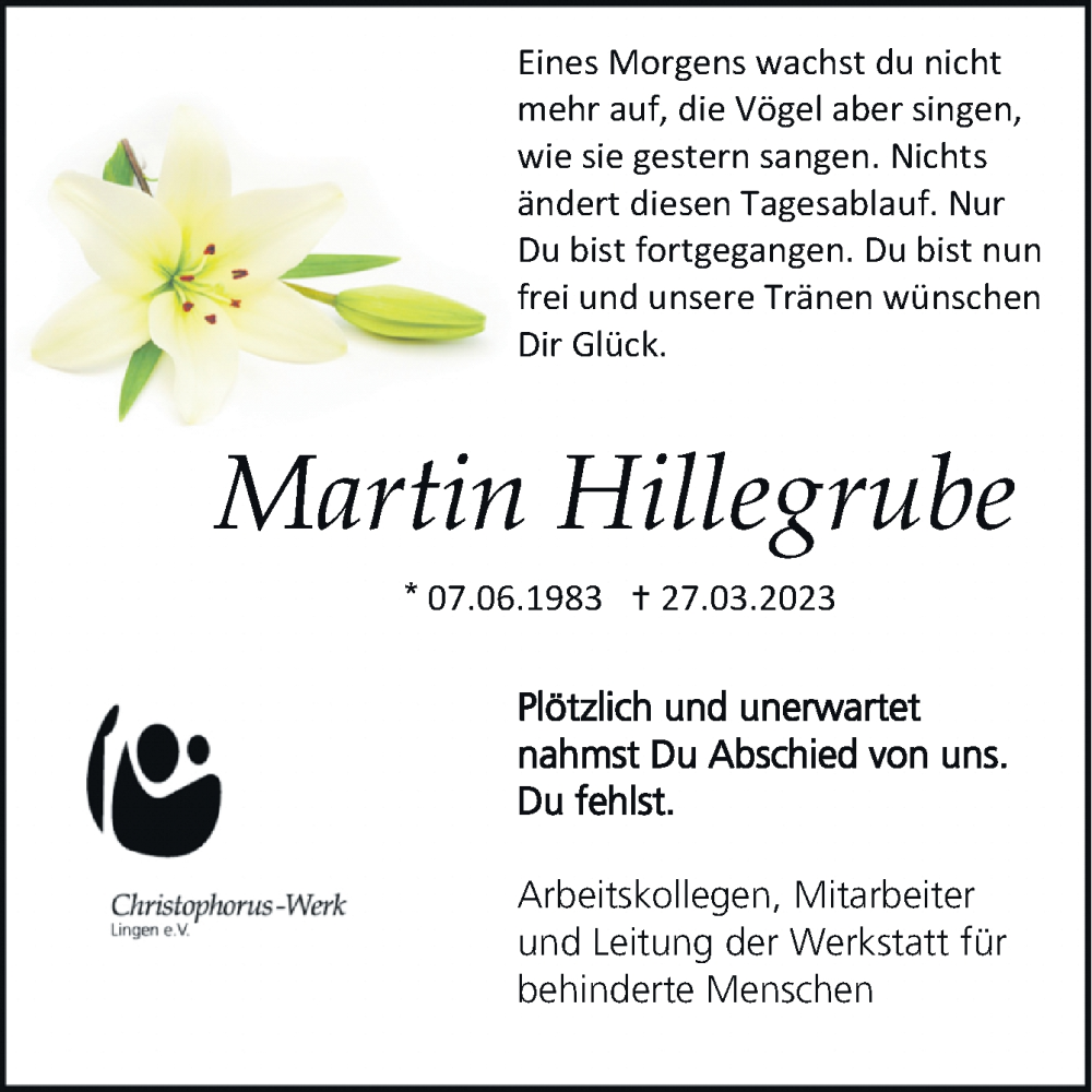  Traueranzeige für Martin Hillegrube vom 31.03.2023 aus Neue Osnabrücker Zeitung GmbH & Co. KG
