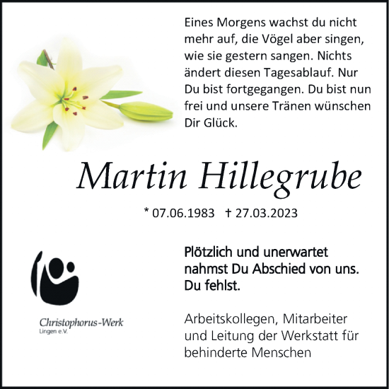 Traueranzeige von Martin Hillegrube von Neue Osnabrücker Zeitung GmbH & Co. KG