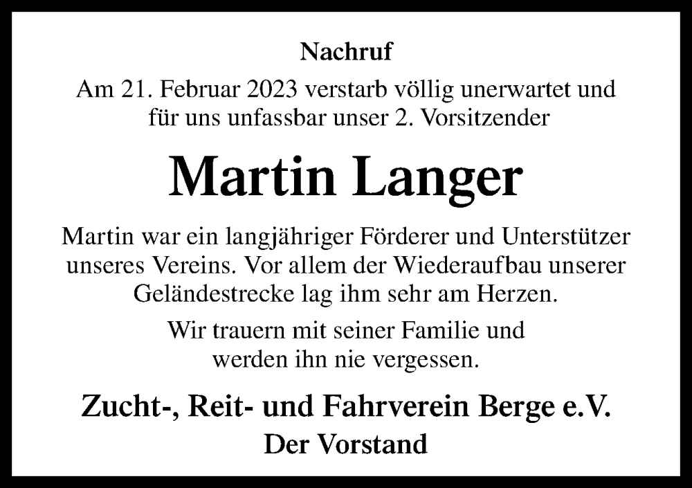  Traueranzeige für Martin Langer vom 02.03.2023 aus Neue Osnabrücker Zeitung GmbH & Co. KG