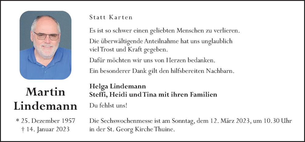  Traueranzeige für Martin Lindemann vom 08.03.2023 aus Neue Osnabrücker Zeitung GmbH & Co. KG