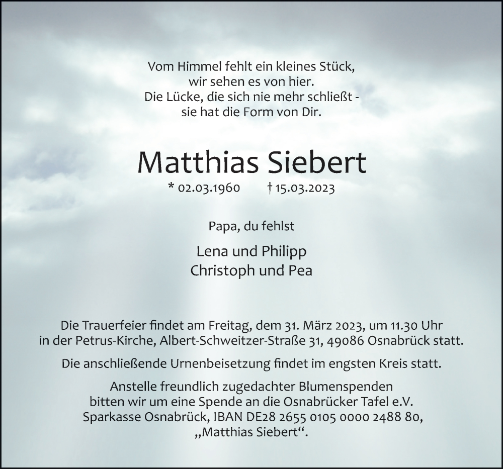  Traueranzeige für Matthias Siebert vom 22.03.2023 aus Neue Osnabrücker Zeitung GmbH & Co. KG