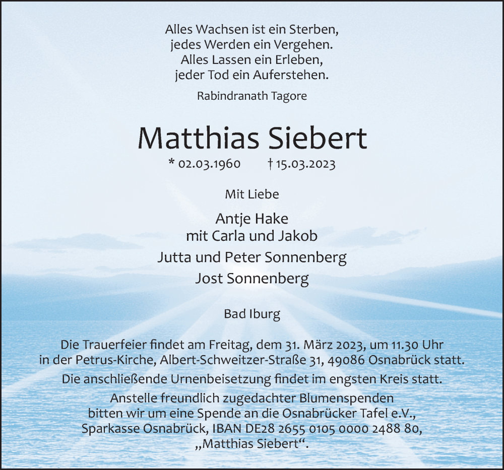  Traueranzeige für Matthias Siebert vom 22.03.2023 aus Neue Osnabrücker Zeitung GmbH & Co. KG