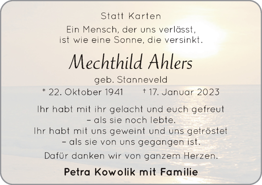  Traueranzeige für Mechthild Ahlers vom 08.03.2023 aus Neue Osnabrücker Zeitung GmbH & Co. KG