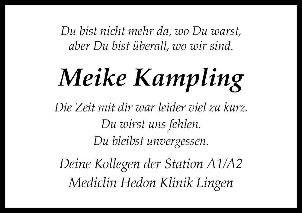  Traueranzeige für Meike Kampling vom 09.03.2023 aus Neue Osnabrücker Zeitung GmbH & Co. KG