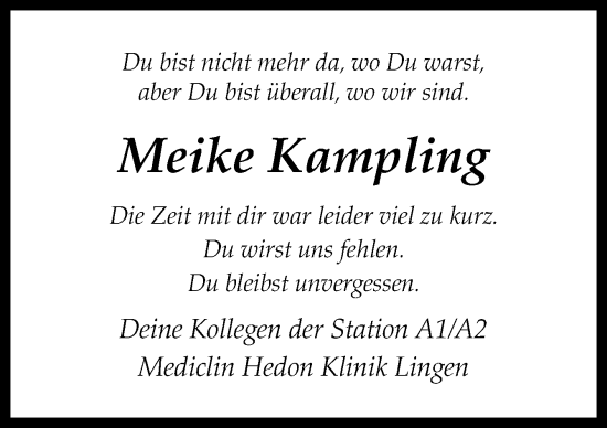 Traueranzeige von Meike Kampling von Neue Osnabrücker Zeitung GmbH & Co. KG