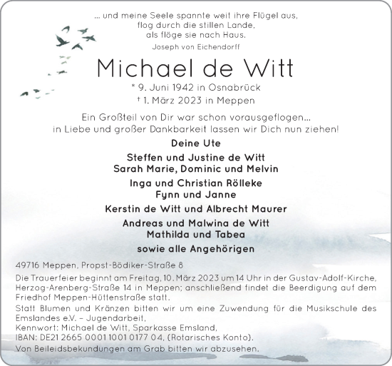 Traueranzeige von Michael de Witt von Neue Osnabrücker Zeitung GmbH & Co. KG