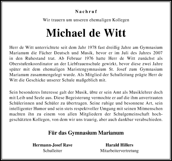 Traueranzeige von Michael de Witt von Neue Osnabrücker Zeitung GmbH & Co. KG