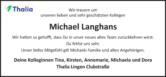 Traueranzeige von Michael Langhans von Neue Osnabrücker Zeitung GmbH & Co. KG