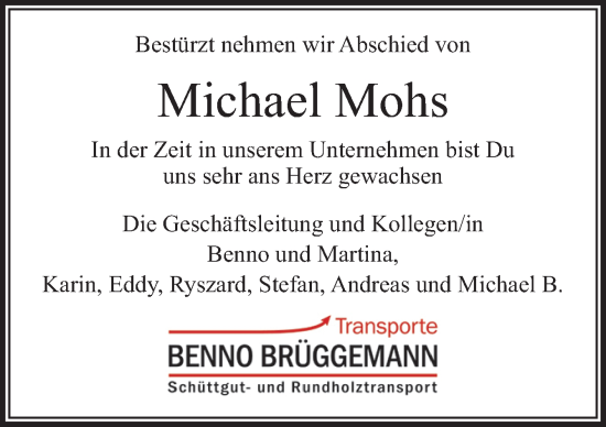 Traueranzeige von Michael Mohs von Neue Osnabrücker Zeitung GmbH & Co. KG