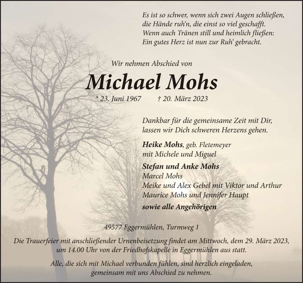  Traueranzeige für Michael Mohs vom 25.03.2023 aus Neue Osnabrücker Zeitung GmbH & Co. KG
