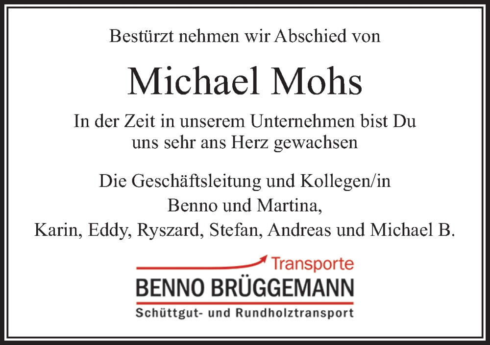  Traueranzeige für Michael Mohs vom 29.03.2023 aus Neue Osnabrücker Zeitung GmbH & Co. KG