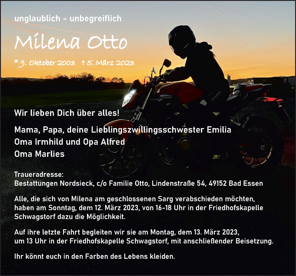  Traueranzeige für Milena Otto vom 09.03.2023 aus Neue Osnabrücker Zeitung GmbH & Co. KG