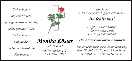 Traueranzeige von Monika Köster von Neue Osnabrücker Zeitung GmbH & Co. KG