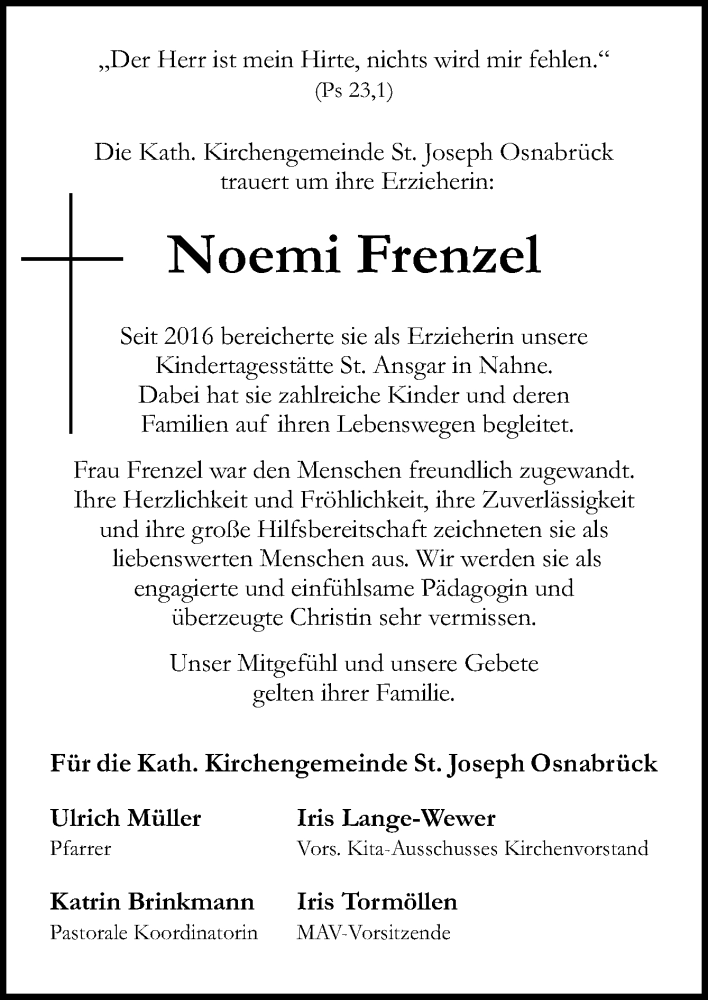  Traueranzeige für Noemi Frenzel vom 25.03.2023 aus Neue Osnabrücker Zeitung GmbH & Co. KG