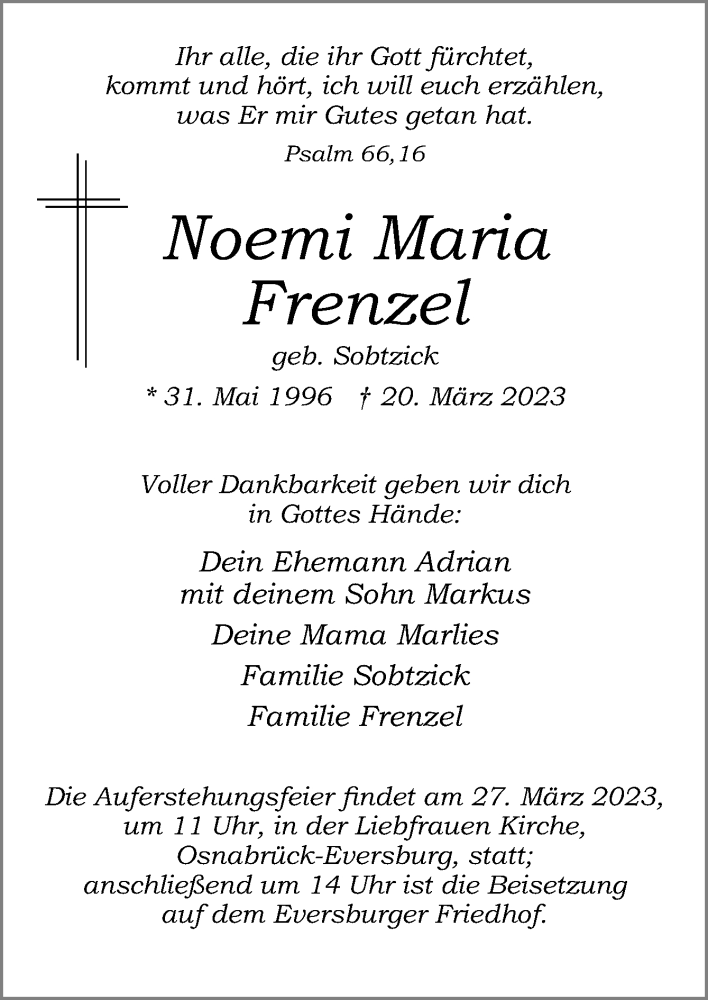  Traueranzeige für Noemi Maria Frenzel vom 25.03.2023 aus Neue Osnabrücker Zeitung GmbH & Co. KG