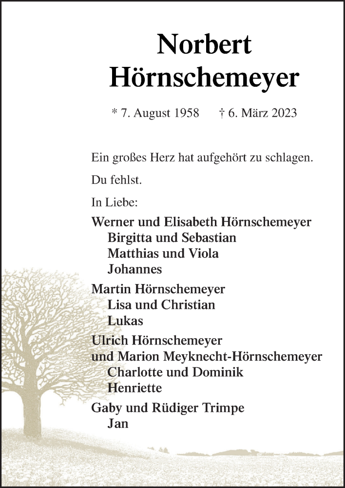  Traueranzeige für Norbert Hörnschemeyer vom 11.03.2023 aus Neue Osnabrücker Zeitung GmbH & Co. KG