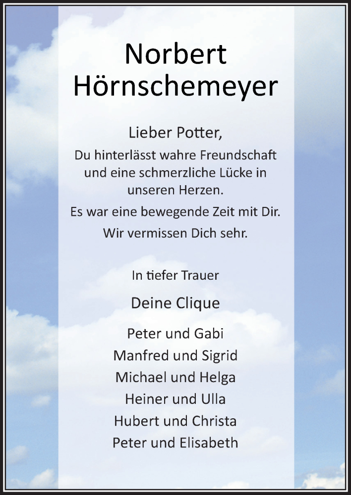  Traueranzeige für Norbert Hörnschemeyer vom 11.03.2023 aus Neue Osnabrücker Zeitung GmbH & Co. KG