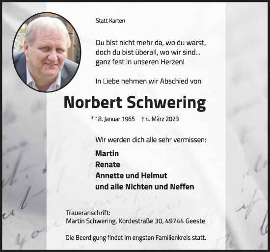 Traueranzeige von Norbert Schwering von Neue Osnabrücker Zeitung GmbH & Co. KG