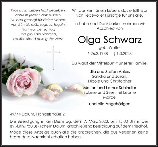 Traueranzeige von Olga Schwarz von Neue Osnabrücker Zeitung GmbH & Co. KG