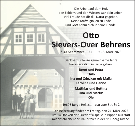 Traueranzeige von Otto Sievers-Over Behrens von Neue Osnabrücker Zeitung GmbH & Co. KG