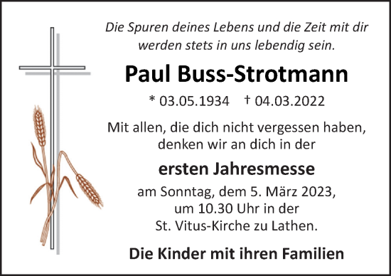 Traueranzeige von Paul Buss-Strotmann von Neue Osnabrücker Zeitung GmbH & Co. KG