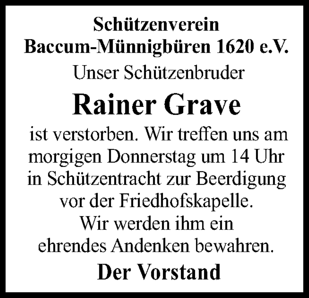  Traueranzeige für Rainer Grave vom 08.03.2023 aus Neue Osnabrücker Zeitung GmbH & Co. KG