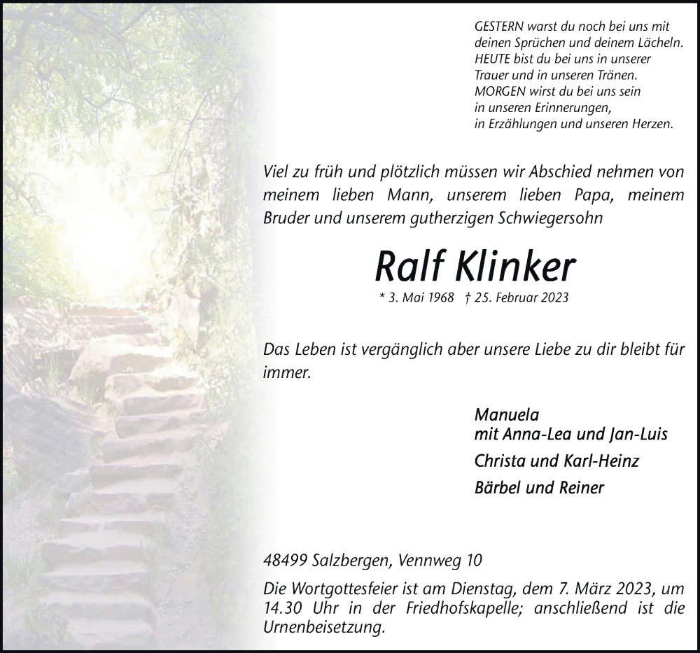  Traueranzeige für Ralf Klinker vom 01.03.2023 aus Neue Osnabrücker Zeitung GmbH & Co. KG