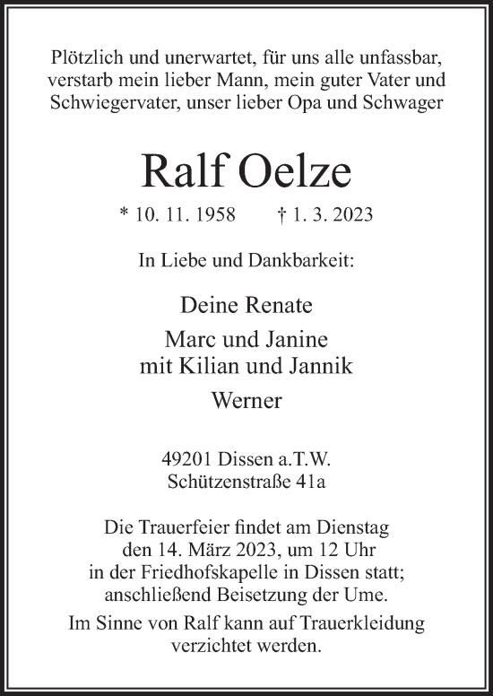 Traueranzeige von Ralf Oelze von Neue Osnabrücker Zeitung GmbH & Co. KG