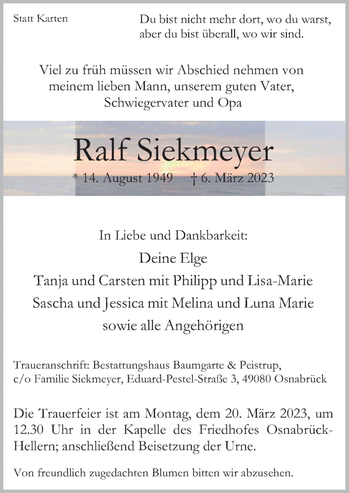  Traueranzeige für Ralf Siekmeyer vom 11.03.2023 aus Neue Osnabrücker Zeitung GmbH & Co. KG