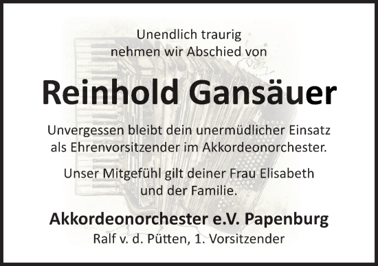 Traueranzeige von Reinhold Gansäuer von Neue Osnabrücker Zeitung GmbH & Co. KG