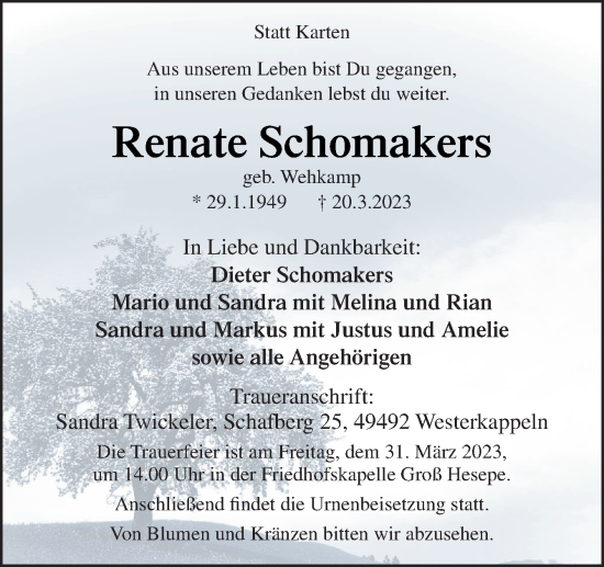 Traueranzeige von Renate Schomakers von Neue Osnabrücker Zeitung GmbH & Co. KG