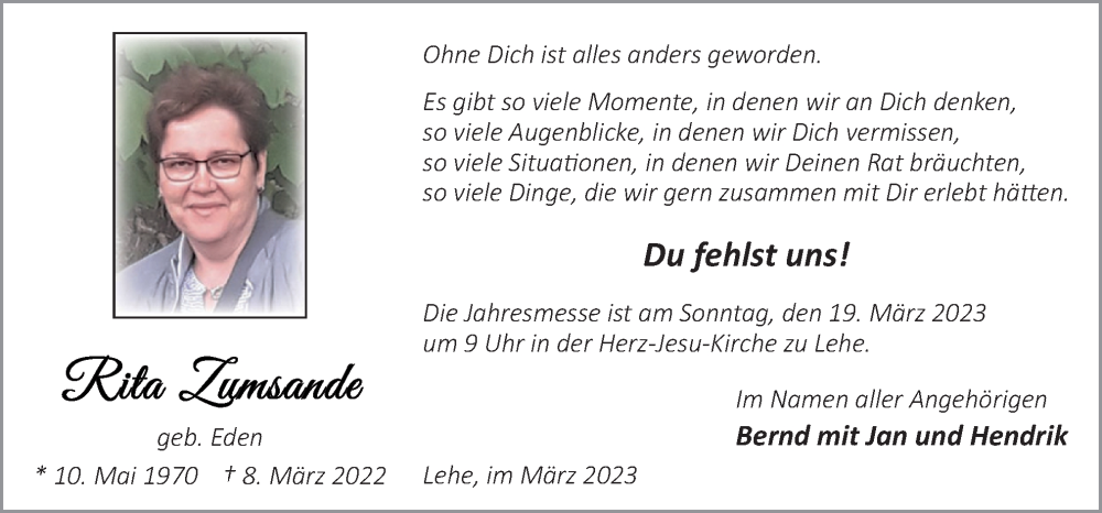  Traueranzeige für Rita Zumsande vom 08.03.2023 aus Neue Osnabrücker Zeitung GmbH & Co. KG