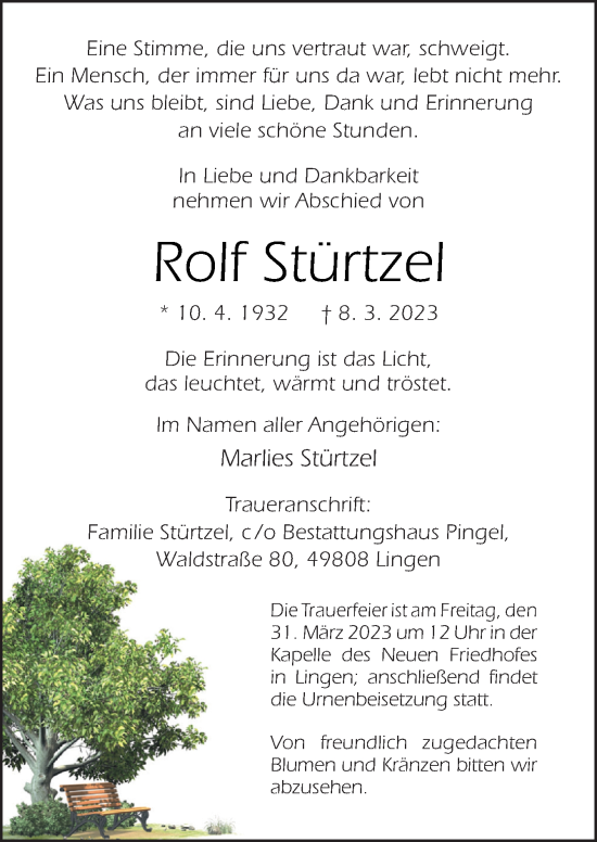 Traueranzeige von Rolf Stürtzel von Neue Osnabrücker Zeitung GmbH & Co. KG