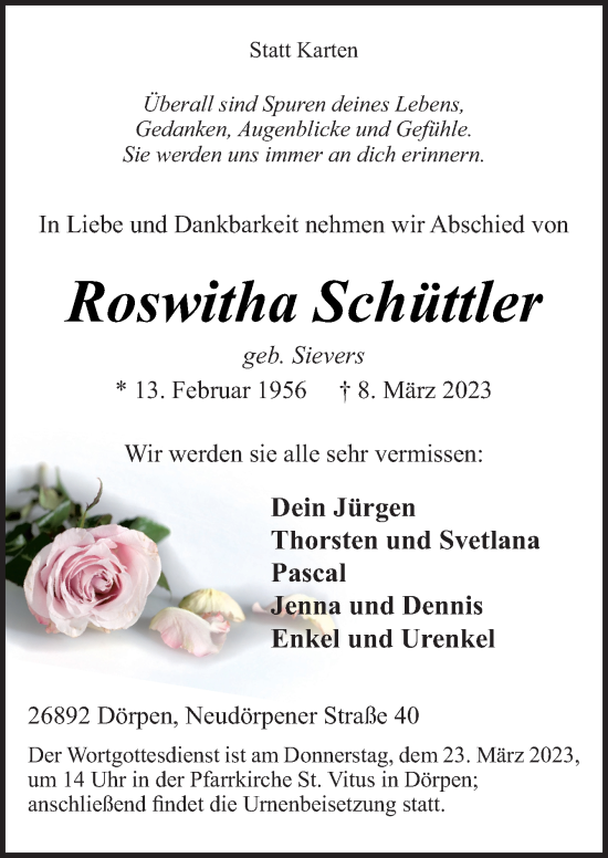 Traueranzeige von Roswitha Schüttler von Neue Osnabrücker Zeitung GmbH & Co. KG